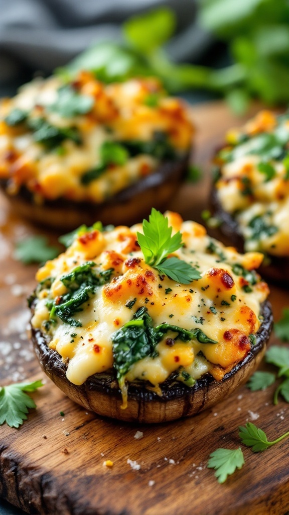 Delicious vegetarian stuffed portobello mushrooms topped with melted cheese and fresh greens.