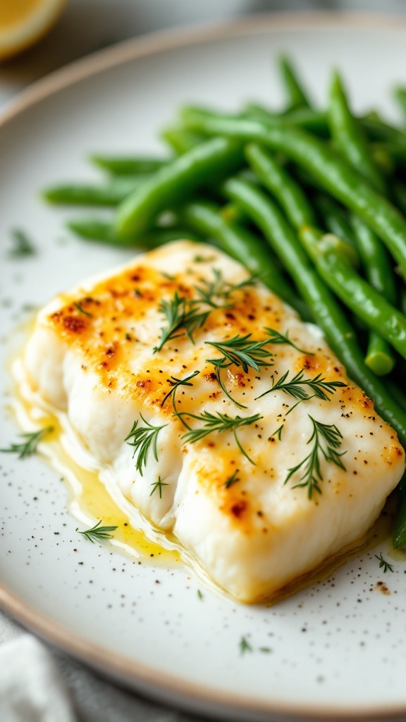 A plate of baked cod fillets topped with dill and served with green beans.