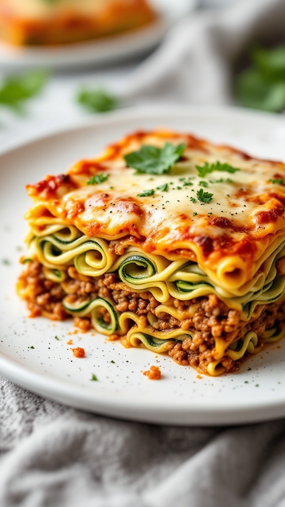 Layered zucchini noodle lasagna with ground meat and cheese