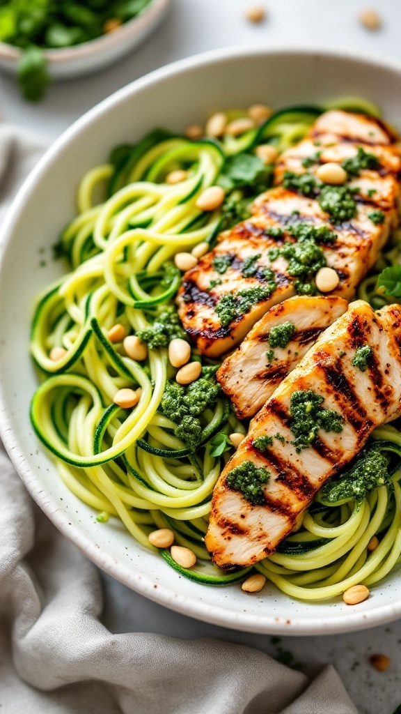 A bowl of zucchini noodles topped with grilled chicken, pesto sauce, and pine nuts.