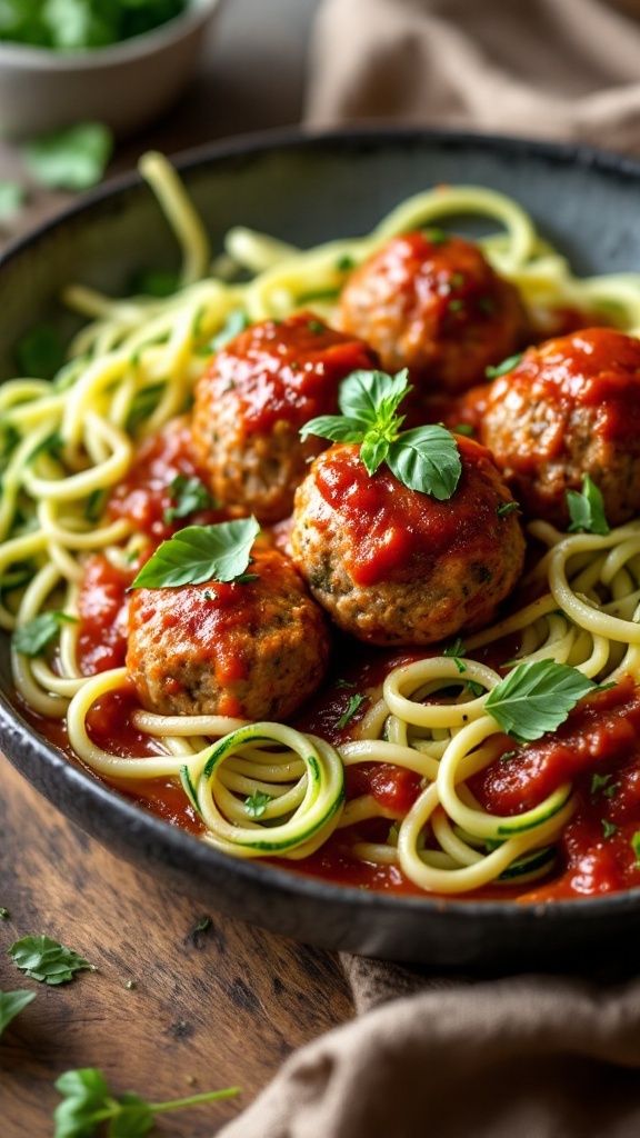 Delicious keto Italian meatballs served with marinara sauce and garnished with basil.