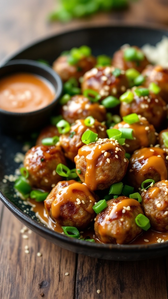 Keto Asian Sesame Meatballs served with sauce and garnished with sesame seeds and green onions