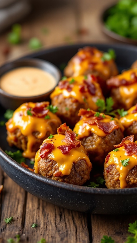 Delicious keto bacon cheeseburger meatballs topped with melted cheese and bacon