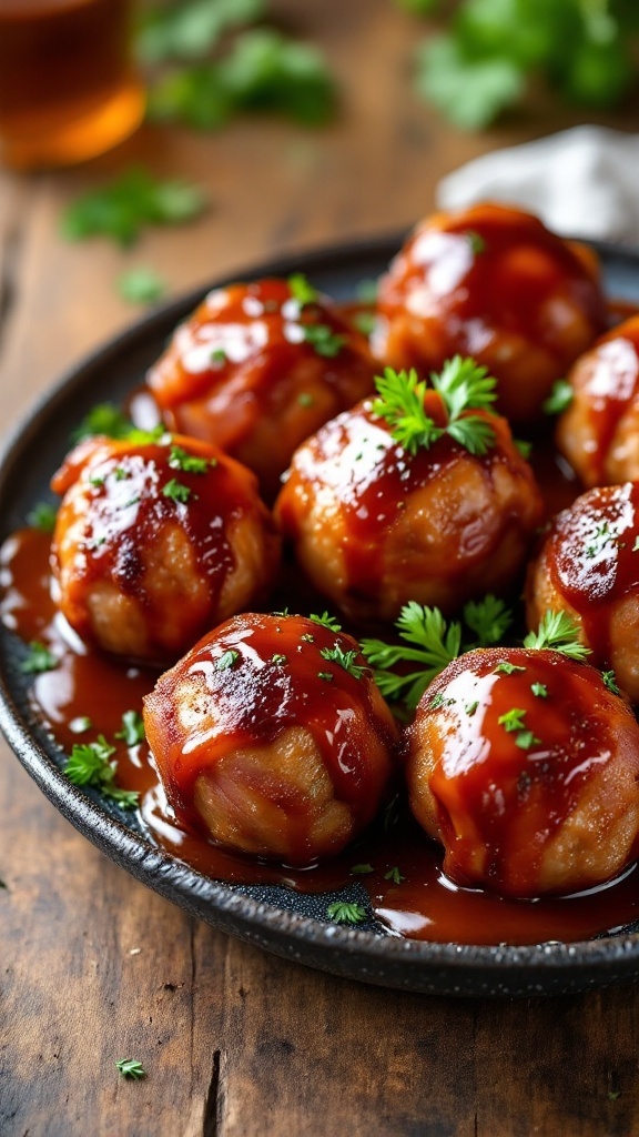 Delicious keto BBQ bacon wrapped meatballs topped with herbs.