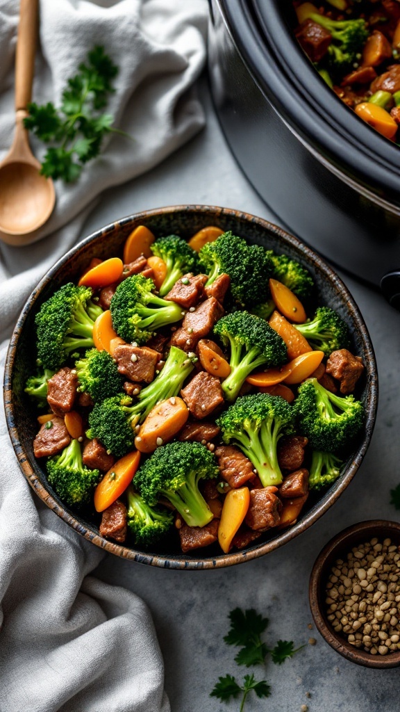 A bowl of Keto Beef and Broccoli with vibrant greens and tender beef cubes.