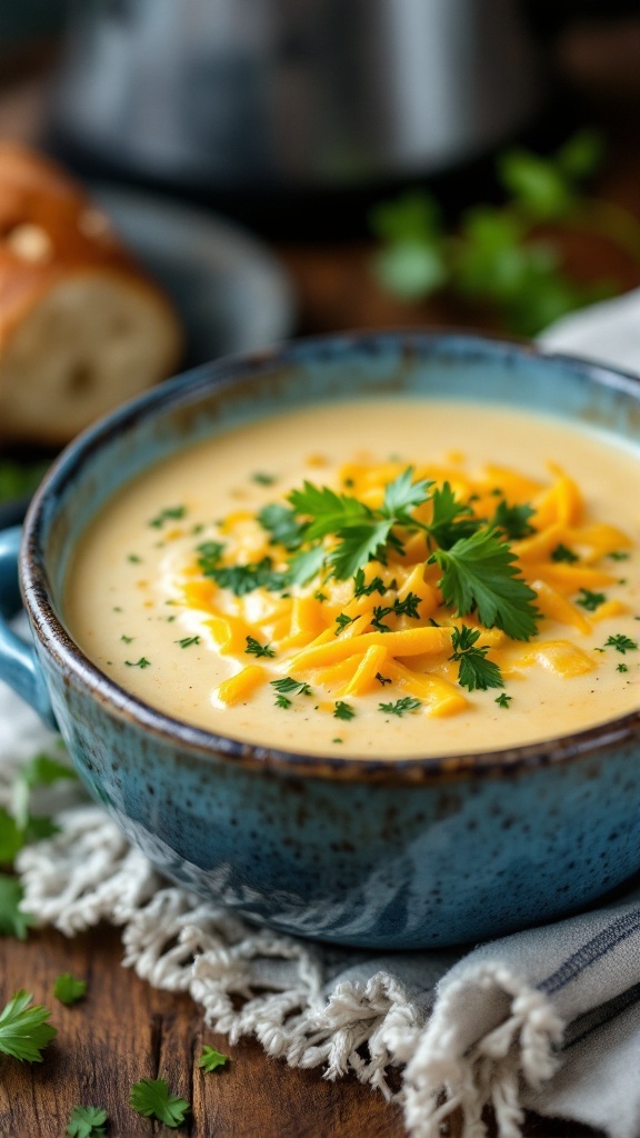 A bowl of Keto Broccoli Cheddar Soup topped with shredded cheese and herbs.