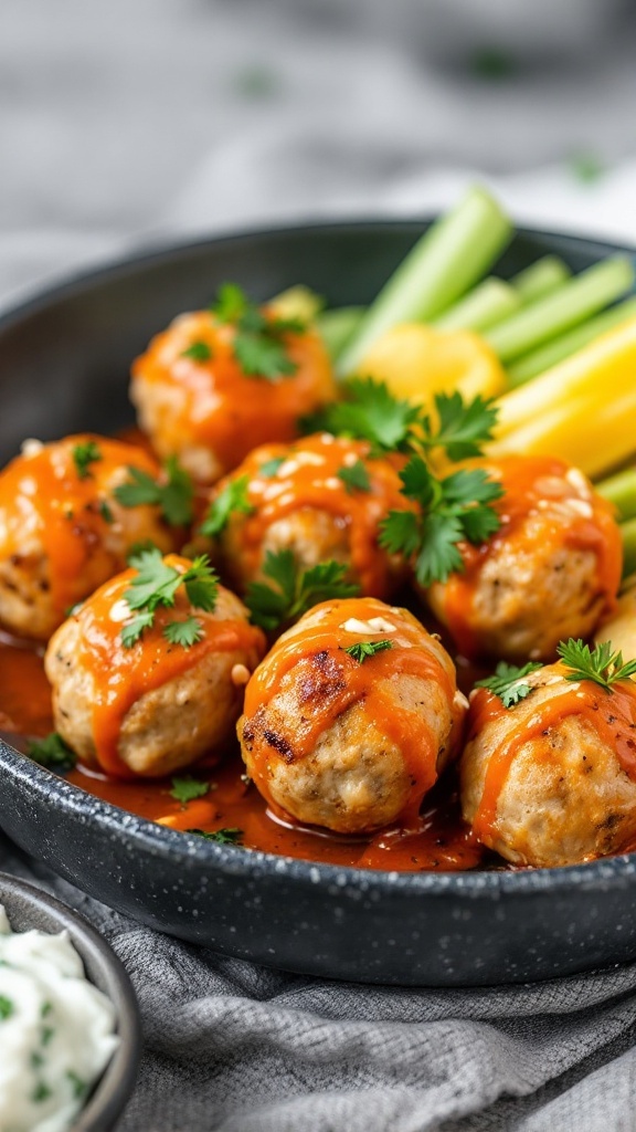 Keto Buffalo Blue Cheese Meatballs served with celery and garnished with parsley