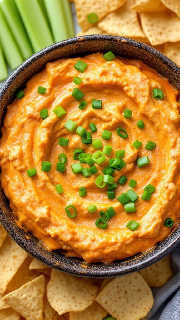 A bowl of creamy buffalo chicken dip topped with green onions, surrounded by tortilla chips and celery sticks.