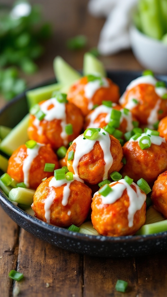 Plate of keto buffalo chicken meatballs garnished with green onions and served with celery sticks.