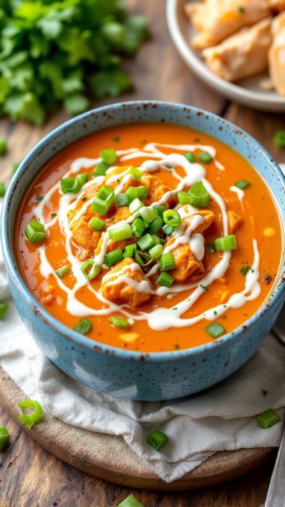 Bowl of Keto Buffalo Chicken Soup topped with green onions and a swirl of sour cream.