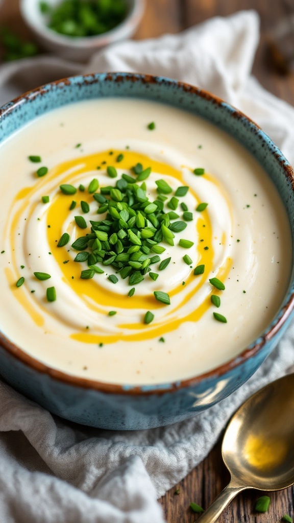 A bowl of creamy cauliflower soup topped with chives and a drizzle of olive oil.