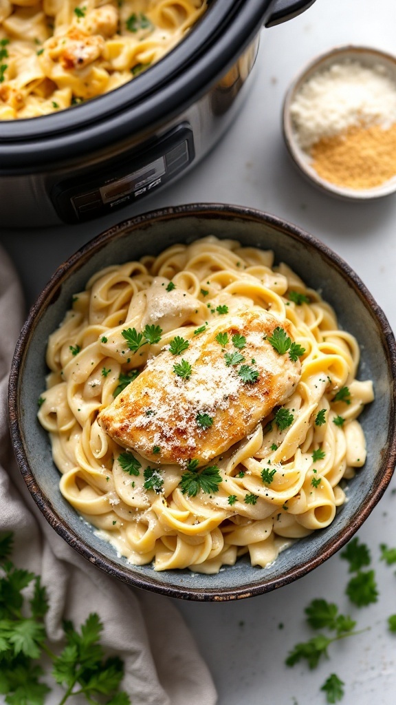 A bowl of Keto Chicken Alfredo with zucchini noodles and grated Parmesan.