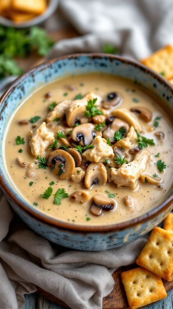 A bowl of creamy chicken and mushroom soup garnished with parsley