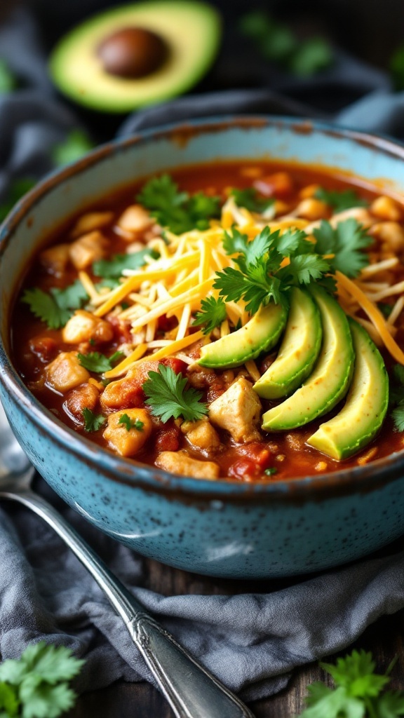 A bowl of Keto Chicken Enchilada Soup topped with cheese, cilantro, and avocado.