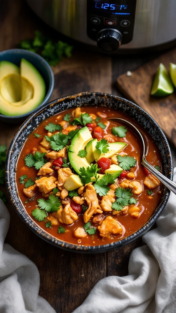 A bowl of keto chicken enchilada soup garnished with avocado and cilantro