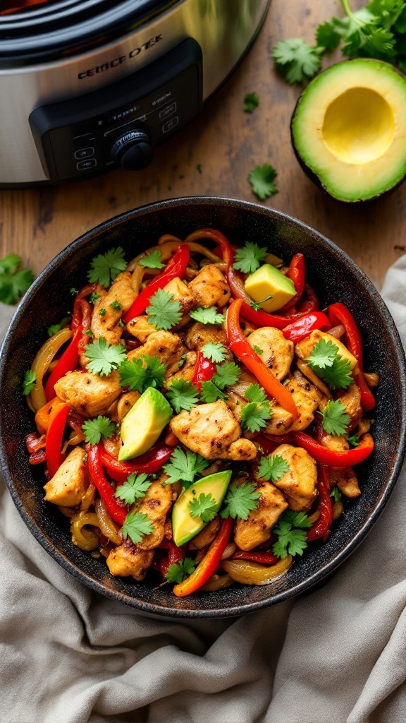 A bowl of vibrant keto chicken fajitas with peppers, onions, and cilantro.