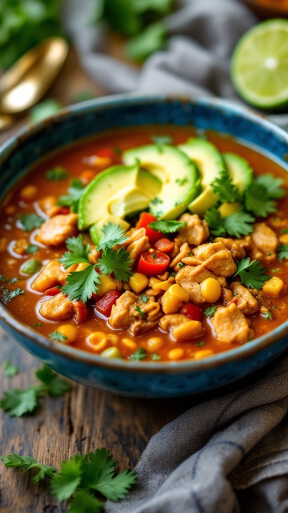 A bowl of Keto Chicken Taco Soup garnished with avocado and cilantro.