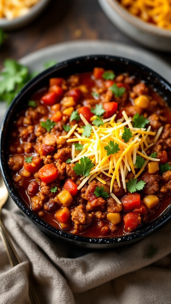 Bowl of keto chili topped with cheese and cilantro