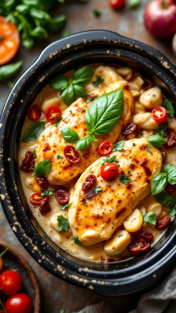 Keto Creamy Tuscan Chicken in a crockpot with tomatoes and basil