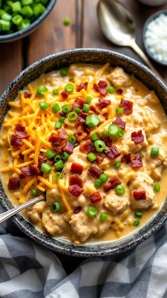 A bowl of creamy chicken topped with cheese, green onions, and bacon.