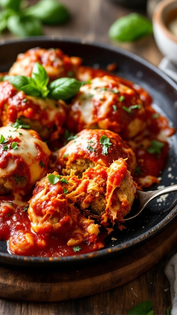 Delicious Keto Eggplant Parmesan Meatballs served with marinara sauce and cheese.