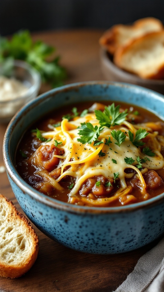 A bowl of Keto French Onion Soup topped with cheese and herbs