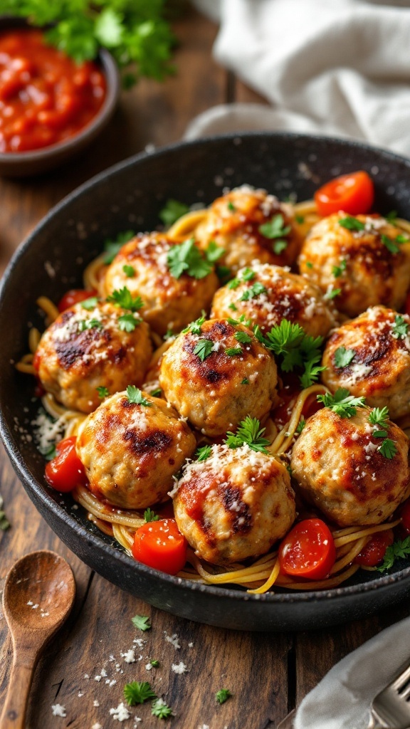 Delicious keto garlic parmesan meatballs served with sauce and garnished.