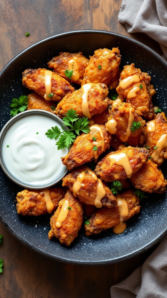 Delicious keto garlic parmesan wings served with a creamy dip