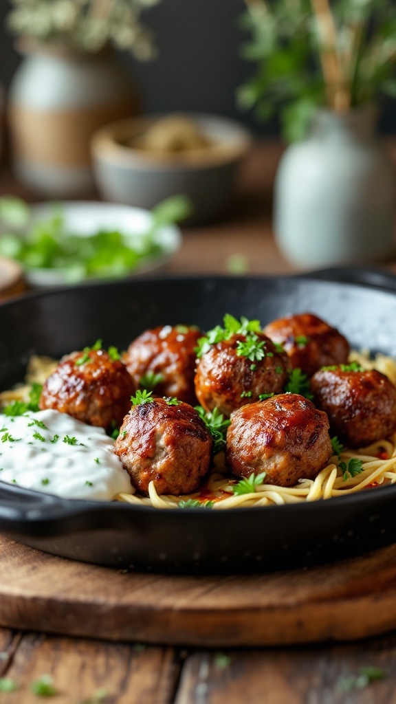 Keto Greek Lamb Meatballs served with sauce and herbs