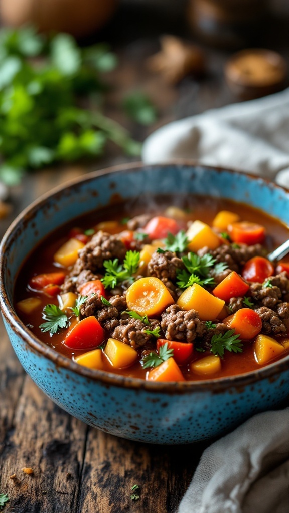 Bowl of Keto Hamburger Soup with ground beef, vegetables, and herbs