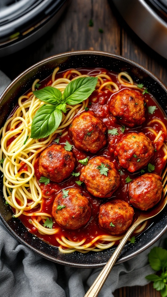 Bowl of keto Italian meatballs with marinara sauce and spaghetti