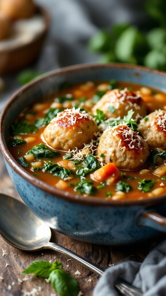 A bowl of Keto Italian Wedding Soup with meatballs, greens, and cheese sprinkled on top.