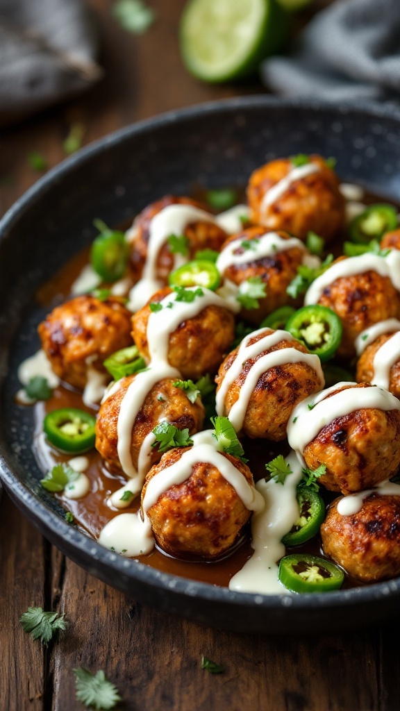 Delicious Keto Jalapeno Popper Meatballs in a pan with fresh jalapenos and cilantro