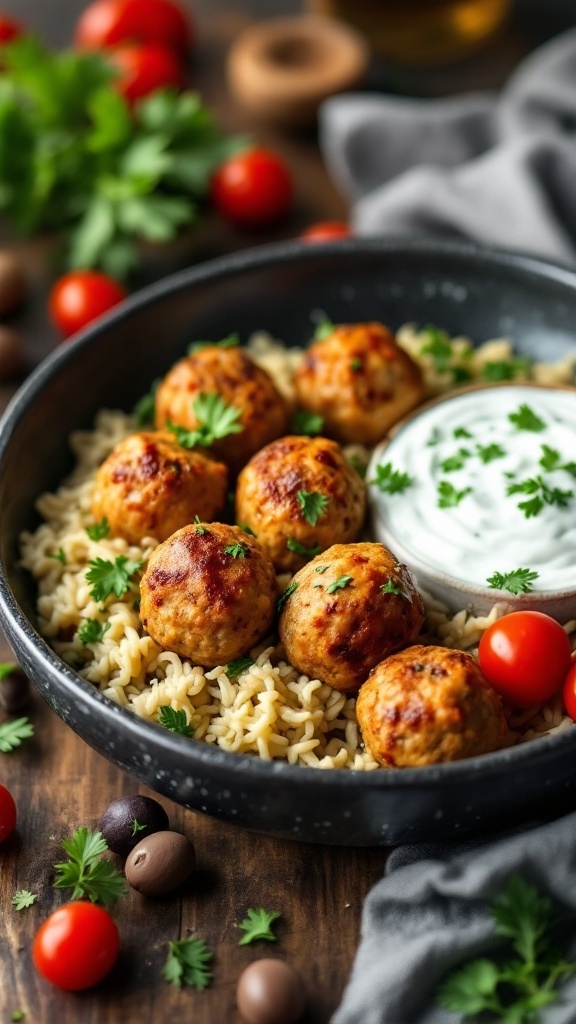 A delicious serving of Keto Mediterranean Turkey Meatballs on a bed of rice with fresh garnish.