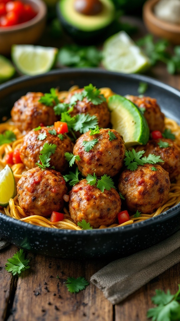 Keto Mexican Taco Meatballs garnished with cilantro and served with lime and diced vegetables