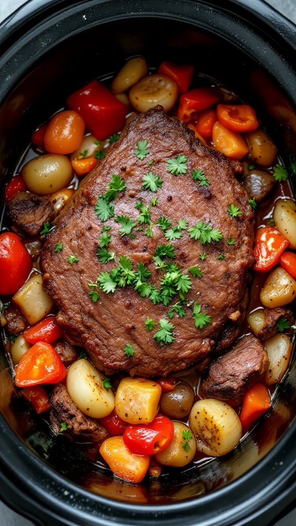 Keto Mississippi Pot Roast served in a crockpot with vegetables.