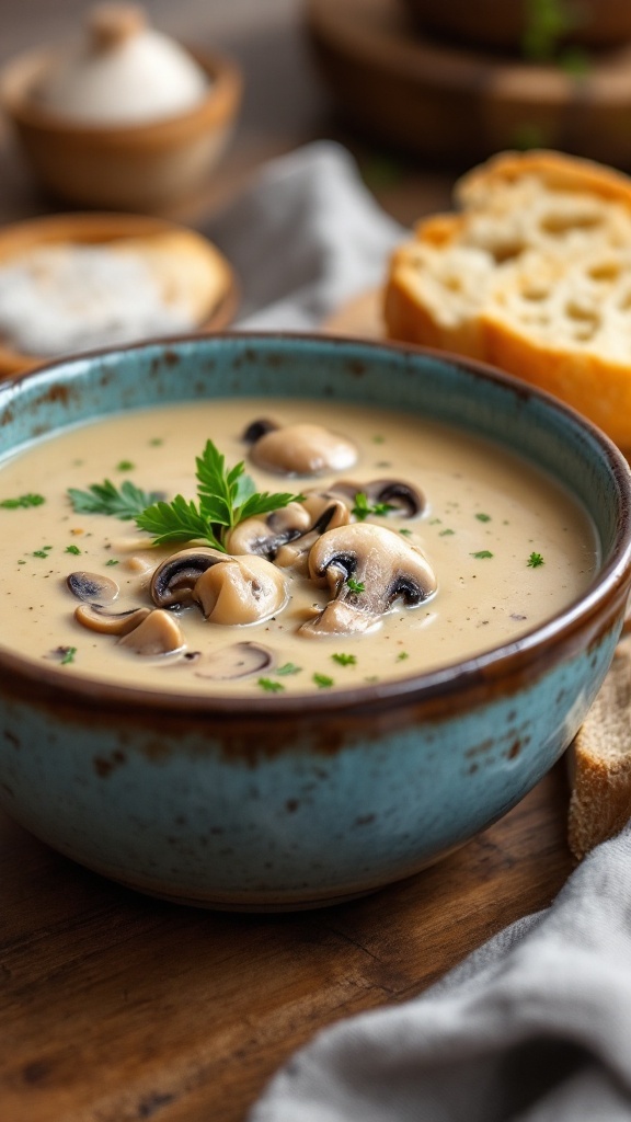 A bowl of creamy mushroom soup garnished with parsley