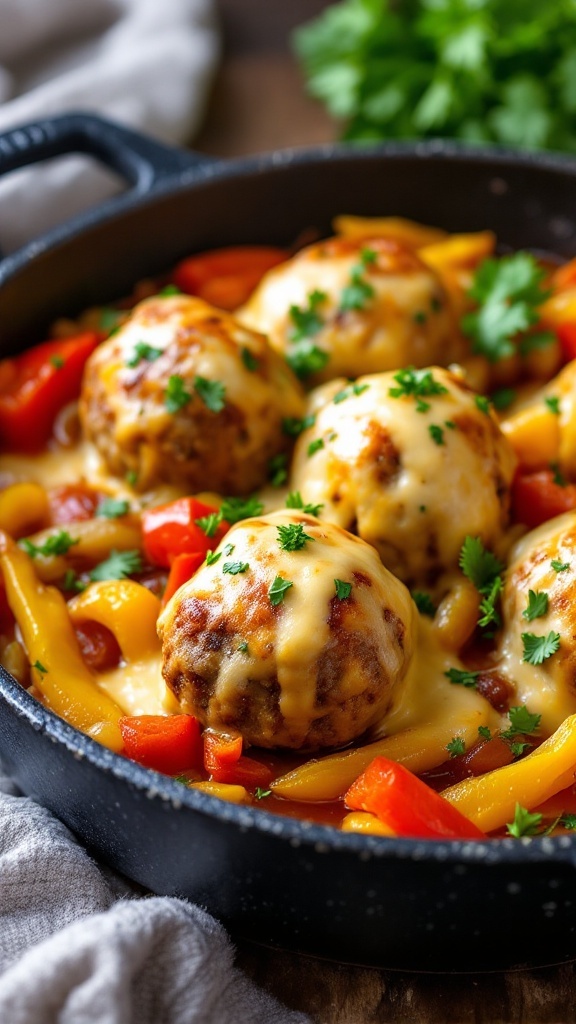 Keto Philly Cheesesteak Meatballs in a skillet with peppers and cheese