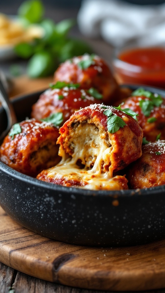 Keto pizza-stuffed meatballs with melted cheese and marinara sauce