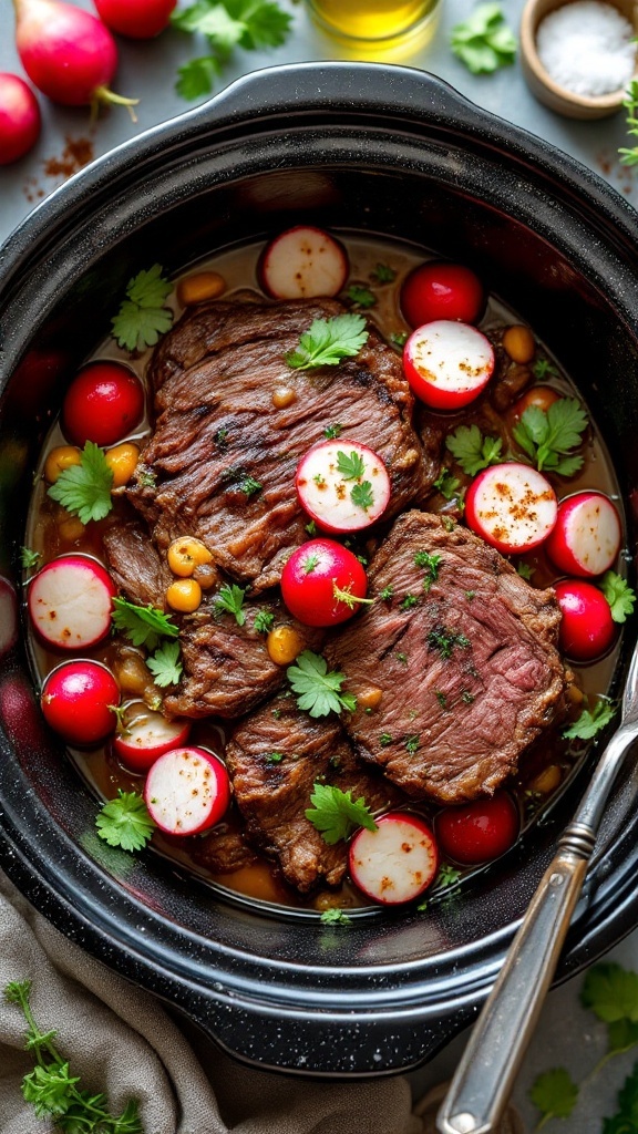 A delicious keto pot roast with radishes and cherry tomatoes in a crockpot, garnished with parsley