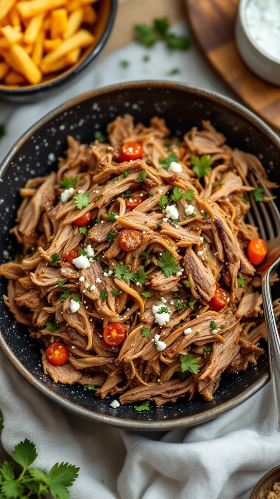 A bowl of keto pulled pork garnished with cherry tomatoes and cilantro.