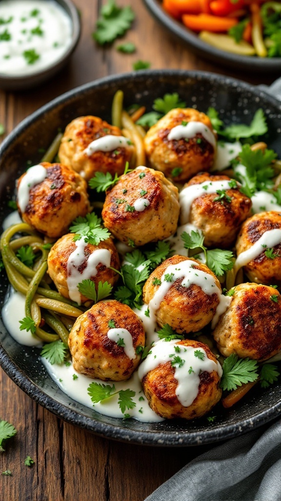 A plate of keto ranch chicken meatballs garnished with herbs and drizzled with ranch dressing