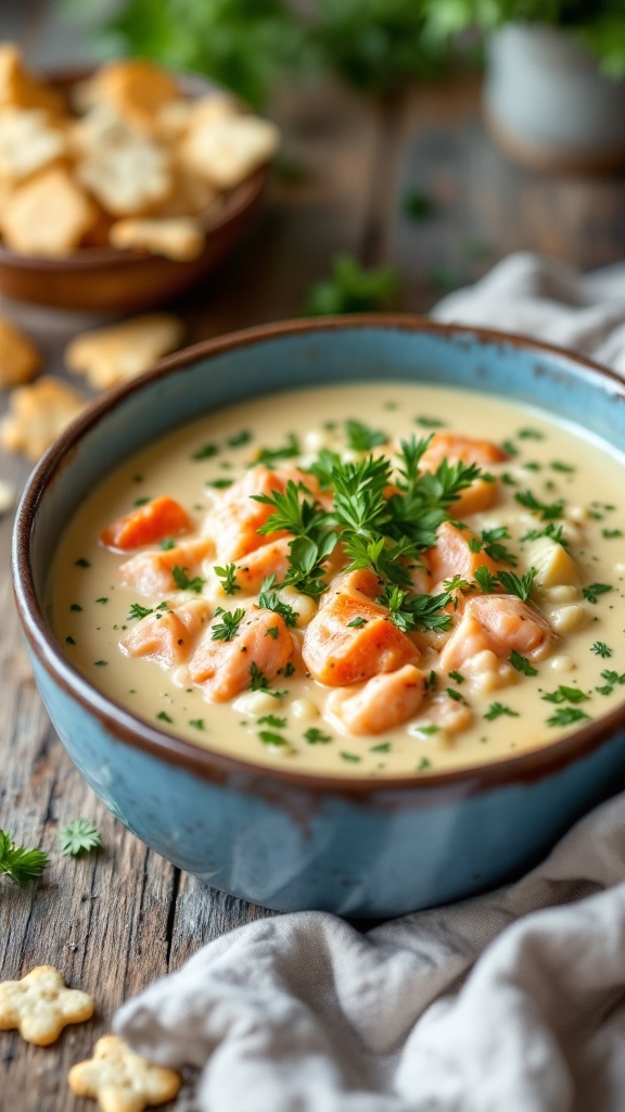 A bowl of creamy Keto Salmon Chowder garnished with parsley