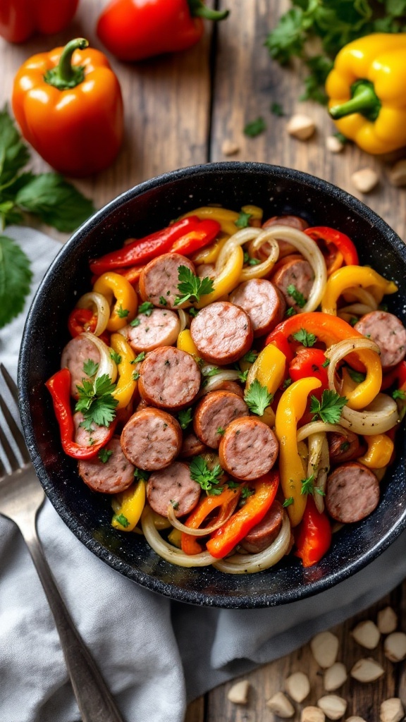 A bowl of keto sausage and peppers with colorful bell peppers and sausage slices