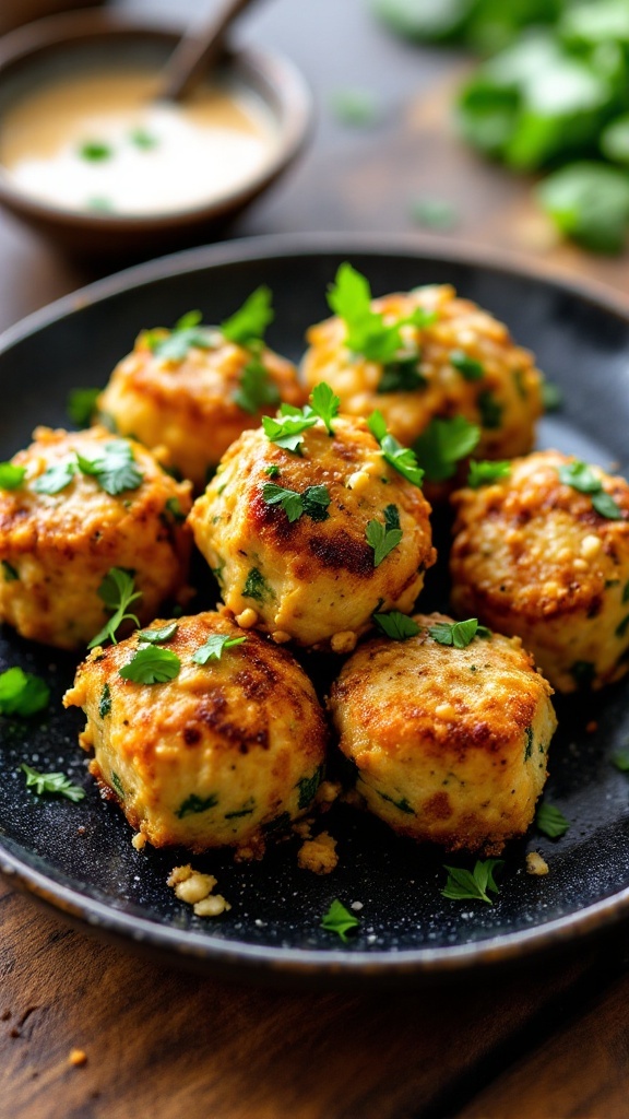 Keto Spinach Feta Chicken Meatballs on a black plate garnished with parsley.