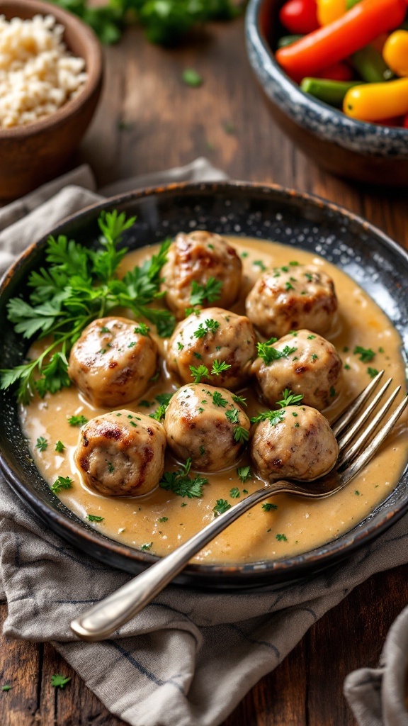 Keto Swedish meatballs served in a creamy sauce with fresh parsley.