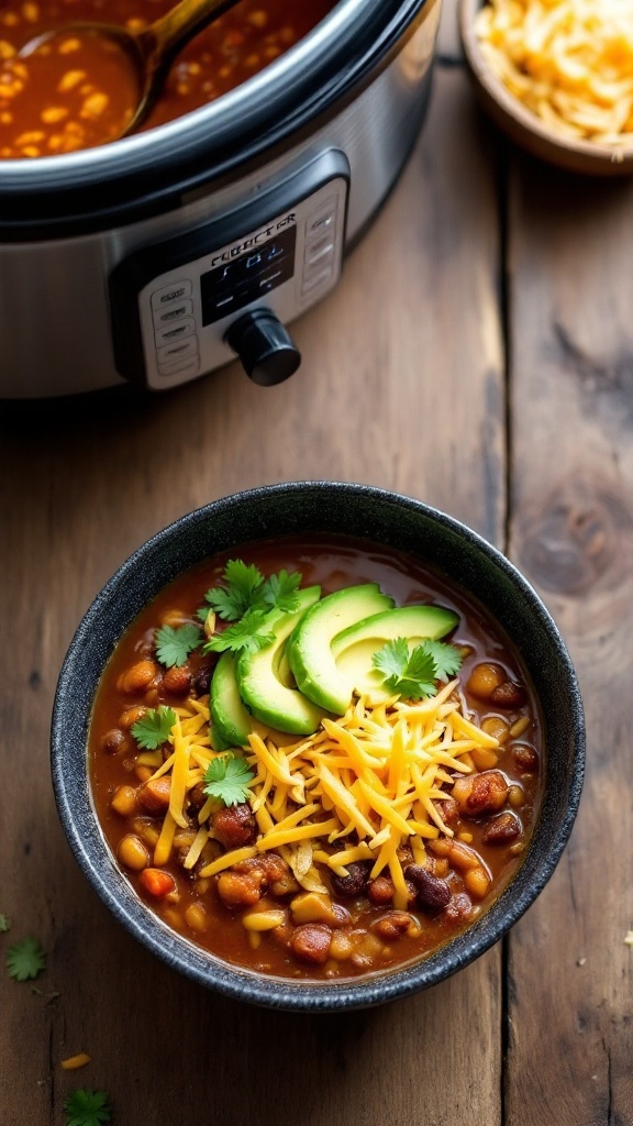 A bowl of Keto Taco Soup topped with avocado, cheese, and cilantro.