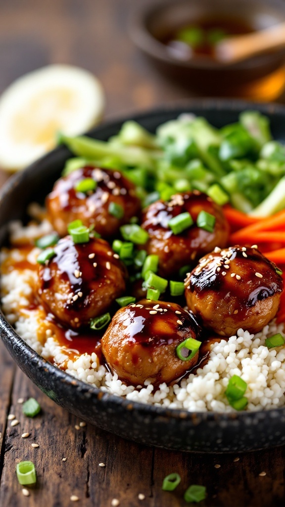 A bowl of crispy teriyaki pork meatballs served over rice with fresh vegetables.