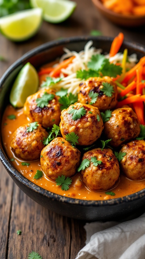 A bowl of keto Thai coconut curry meatballs with vegetables and lime.