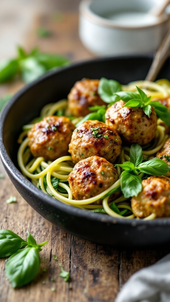 A bowl of keto turkey pesto meatballs served with spiralized zucchini noodles and fresh basil.